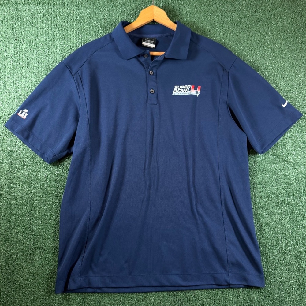 Nike Polo Mens Large Blue Good Patriots Super Bowl LI Champions Dri-FIT Shirt